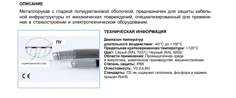 Защитный гофрорукав из оцинкованной стали ID25 с гладкой ПУ оболочкой, арт. B7601026307G: Технические характеристики
