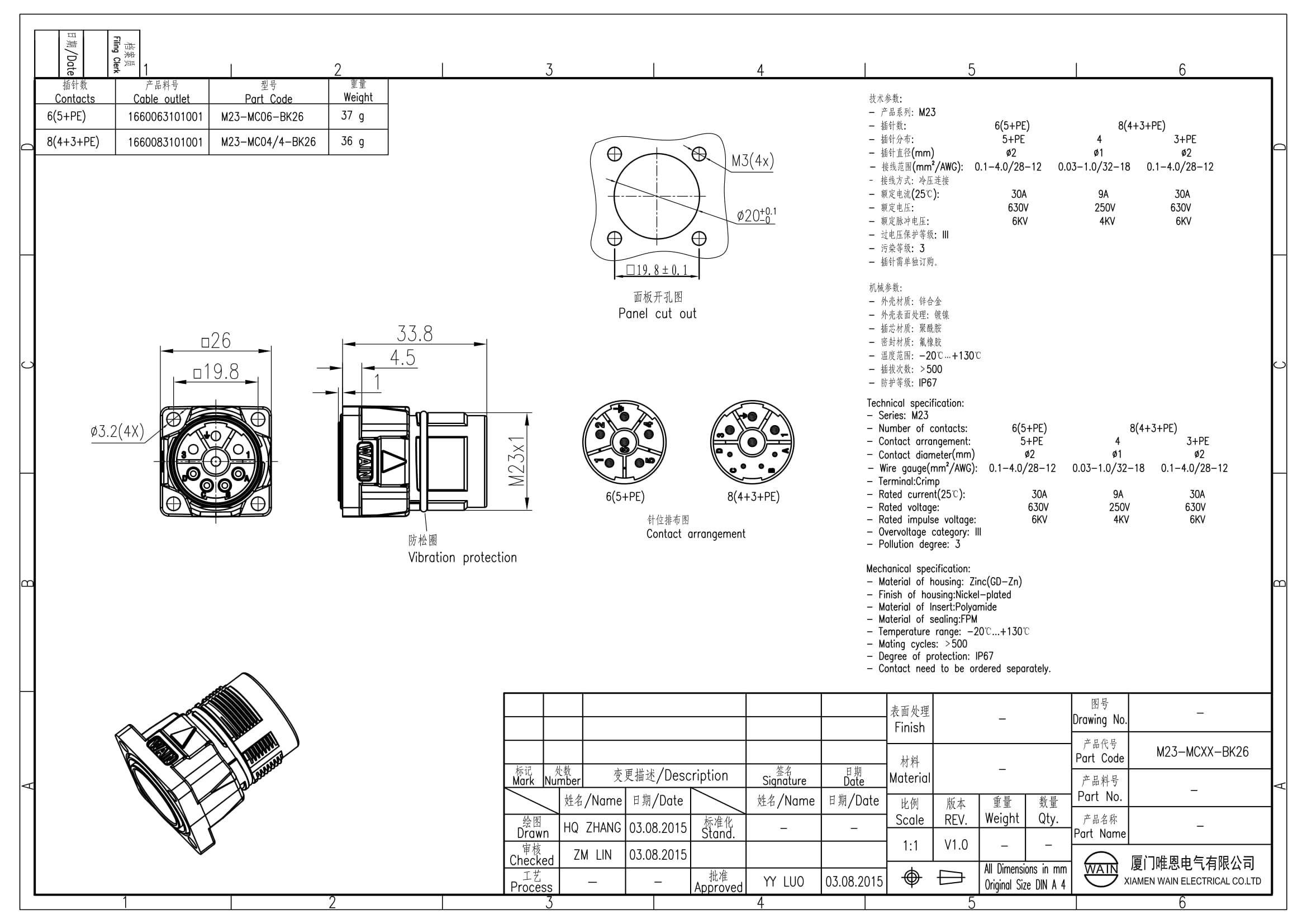 Цилиндрический соединитель-вилка M23-MC06-BK26 1660063101001: Технические характеристики
