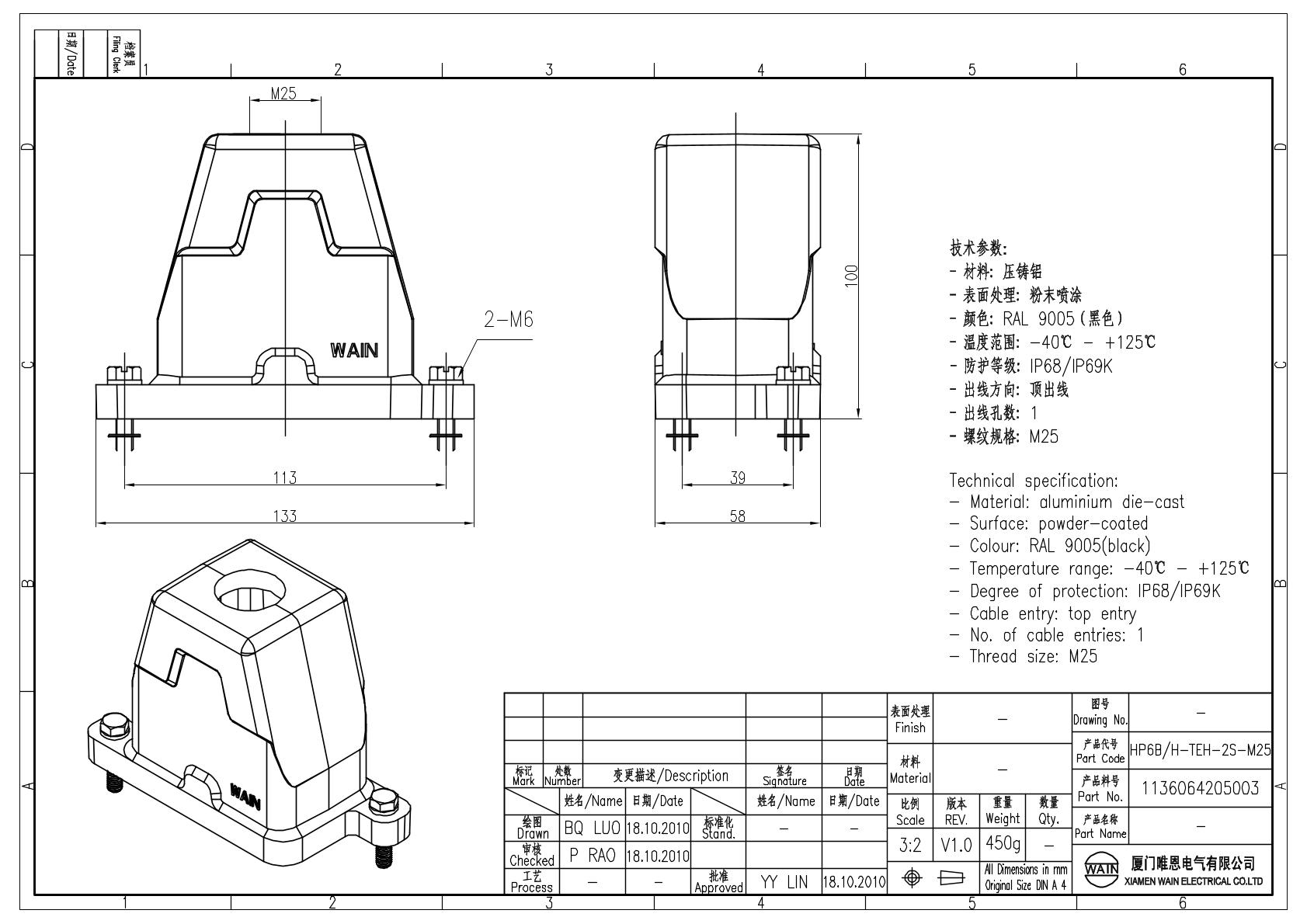Корпус соединителя - кабельная часть HP6B/H-TEH-2S-M25 1136064205003: Описание