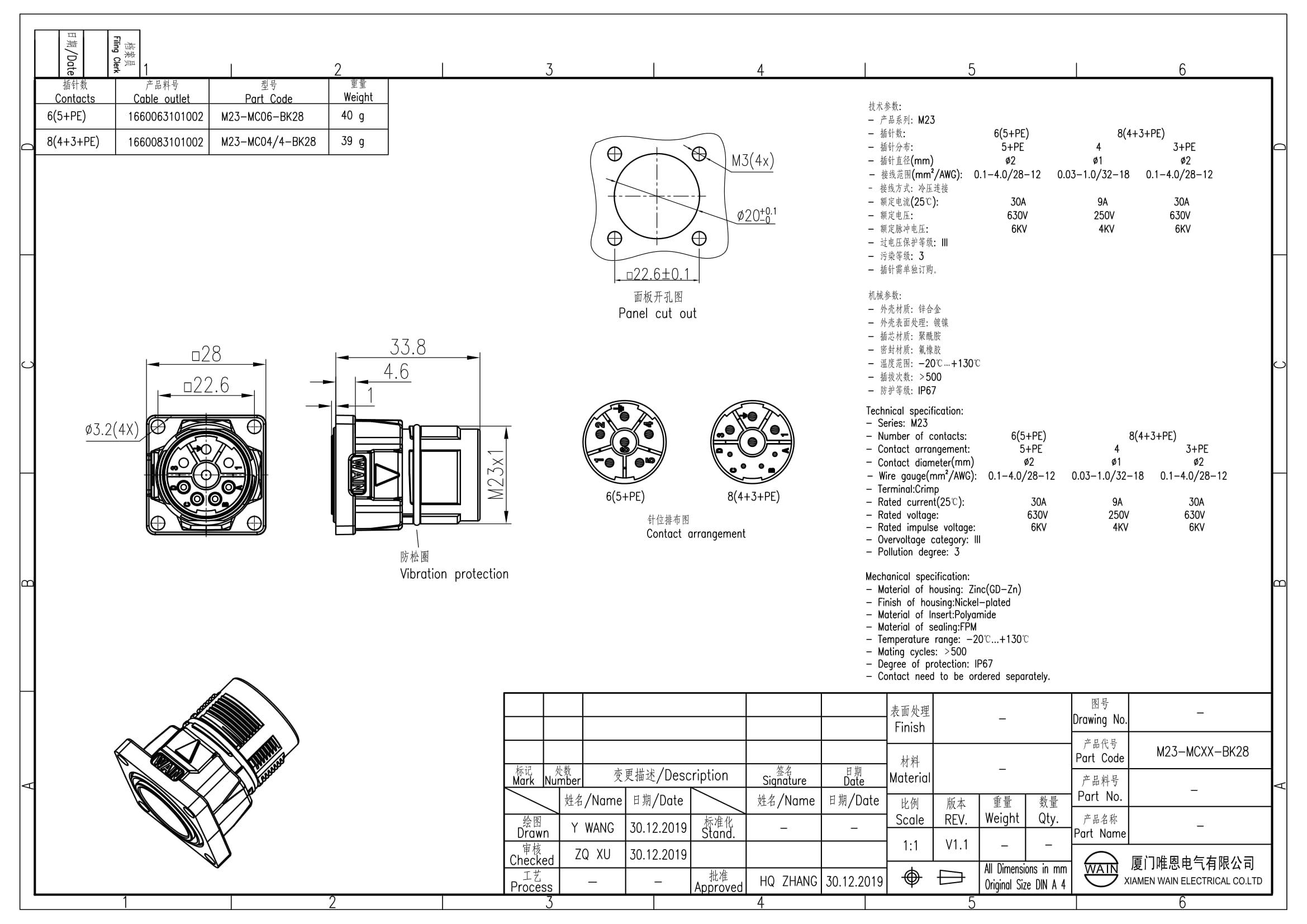 Цилиндрический соединитель-вилка M23-MC06-BK28 1660063101002: Технические характеристики