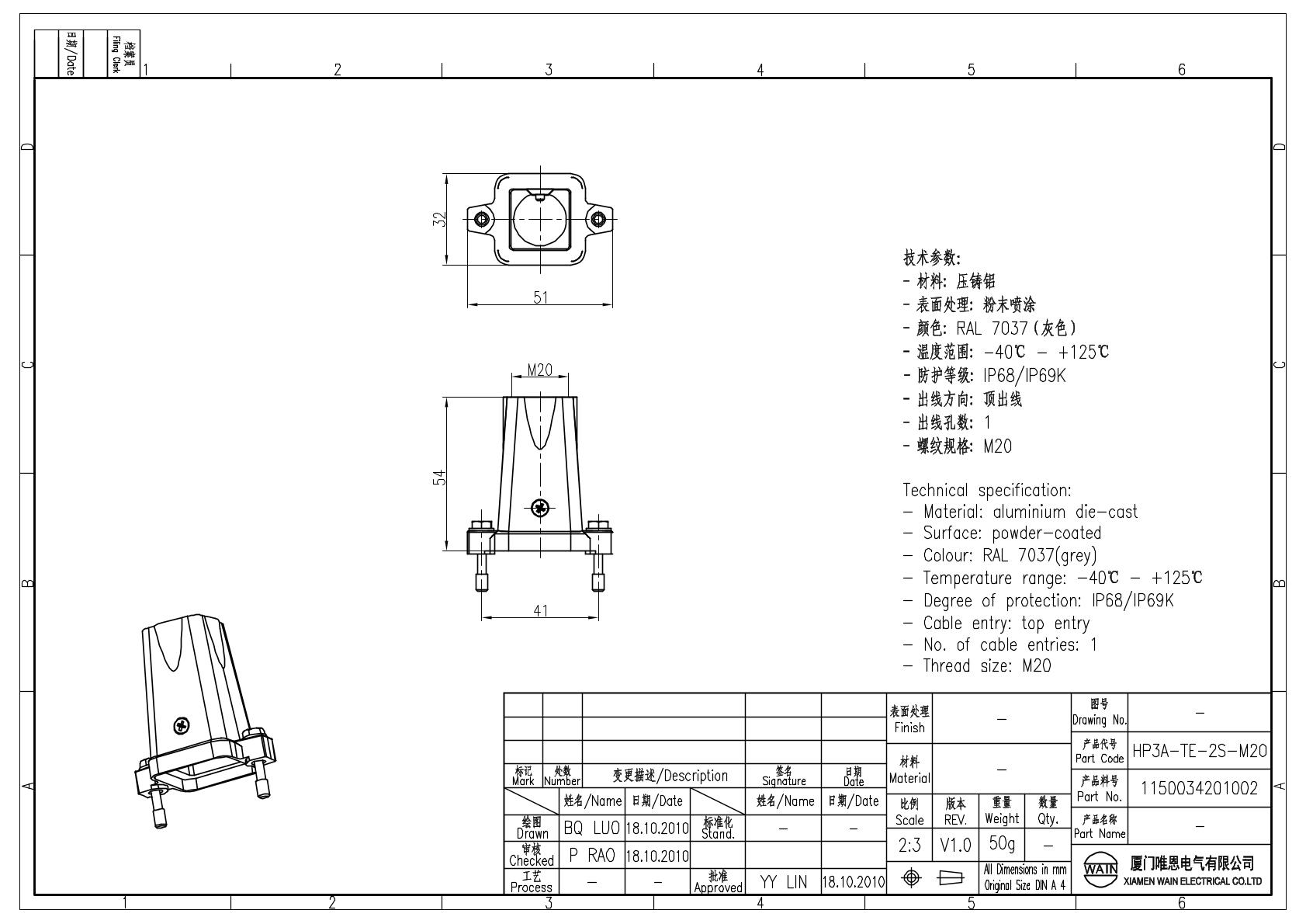 Корпус соединителя - кабельная часть HP3A-TE-2S-M20 1150034201002: Описание