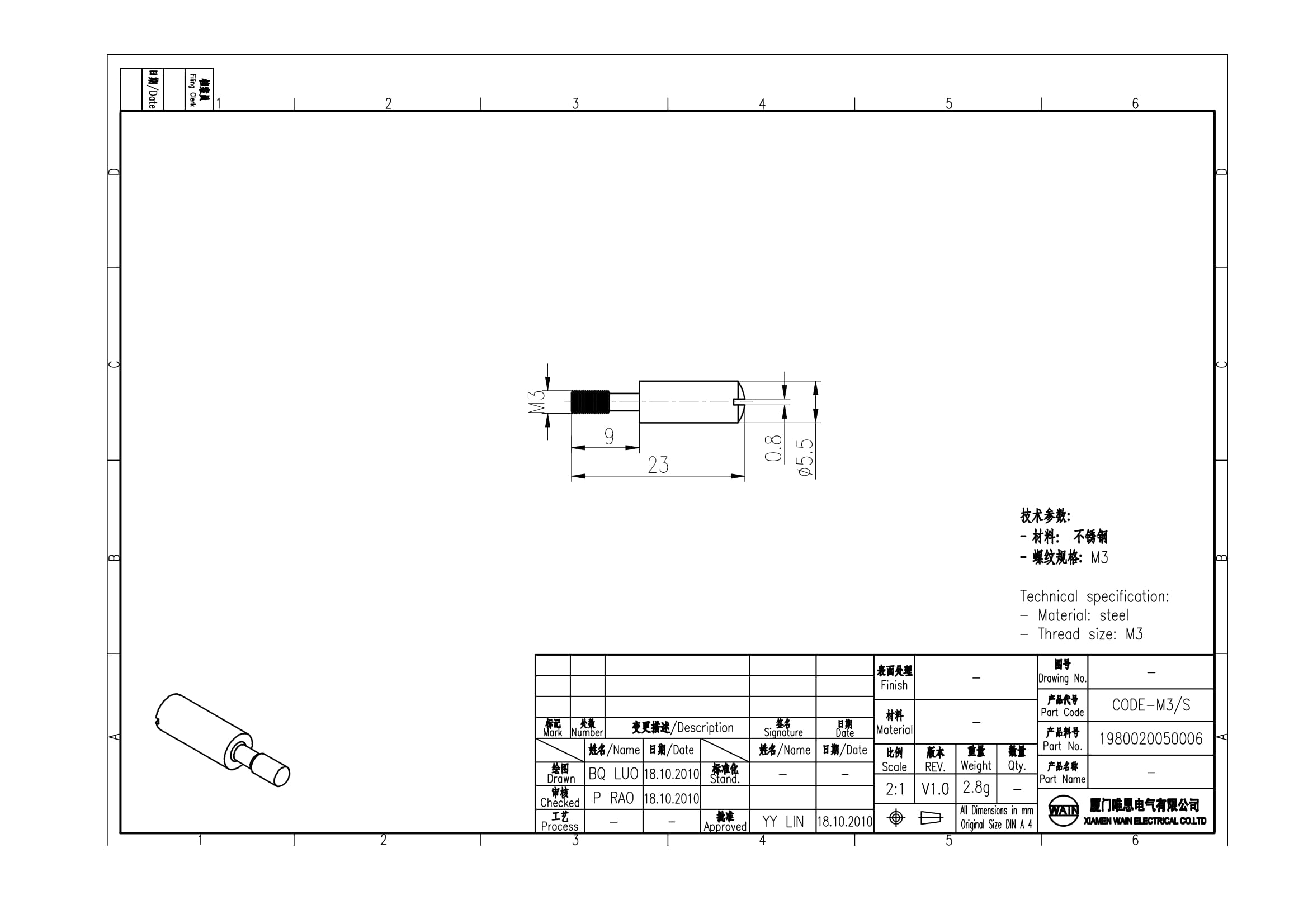 Кодирующий штырь CODE-M3/S 1980020050006: Описание