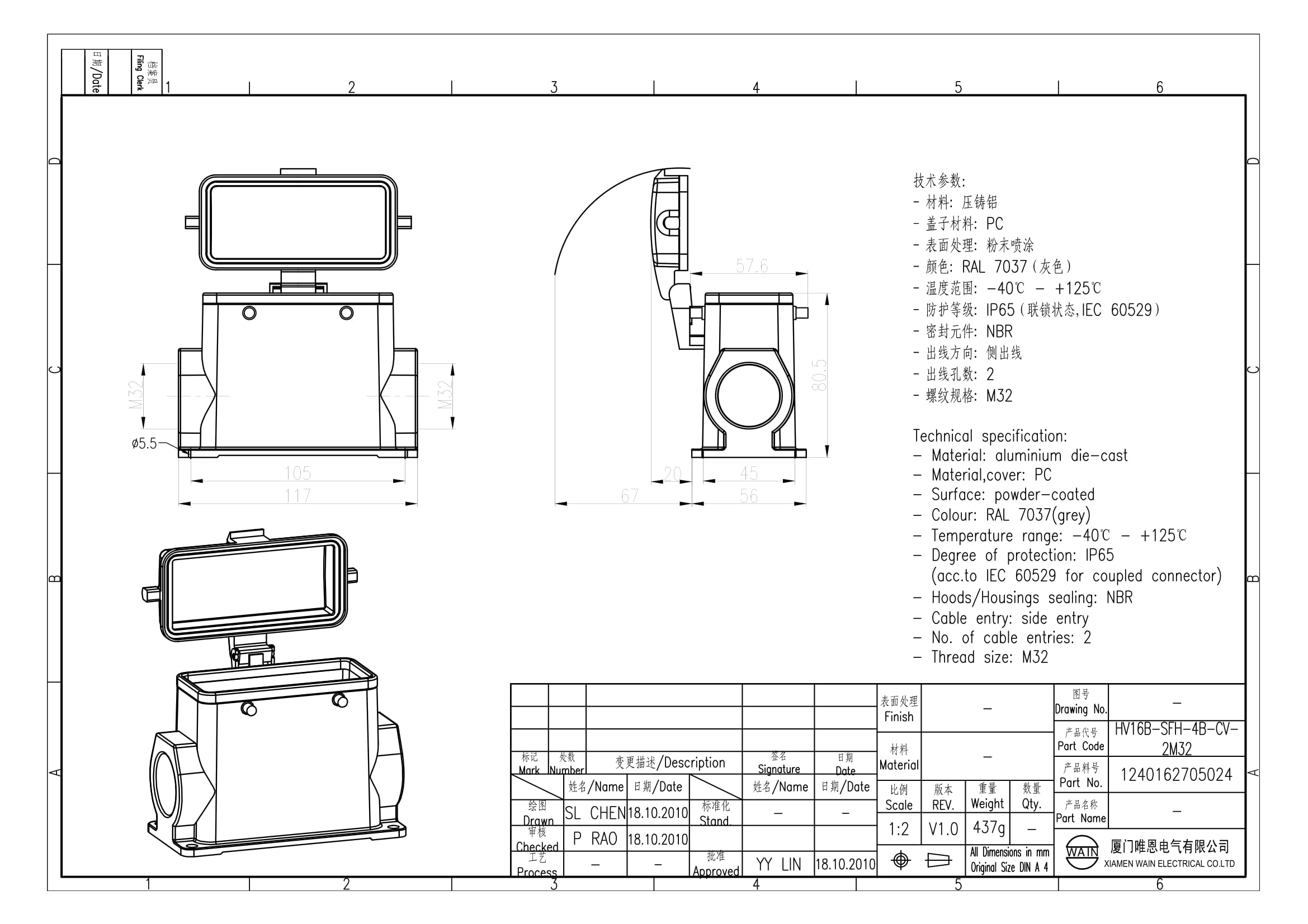 Корпус соединителя - блочная часть HV16B-SFH-4B-CV-2M32 1240162705024: Описание