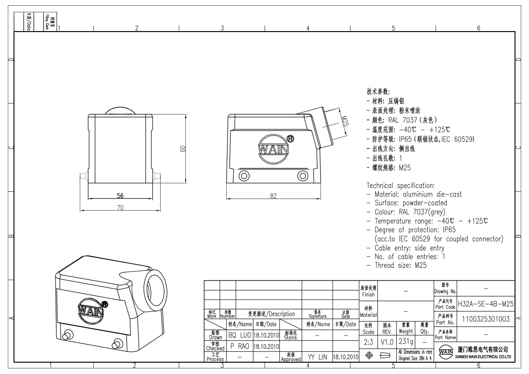Корпус соединителя - кабельная часть H32A-SE-4B-M25 1100325301003: Описание