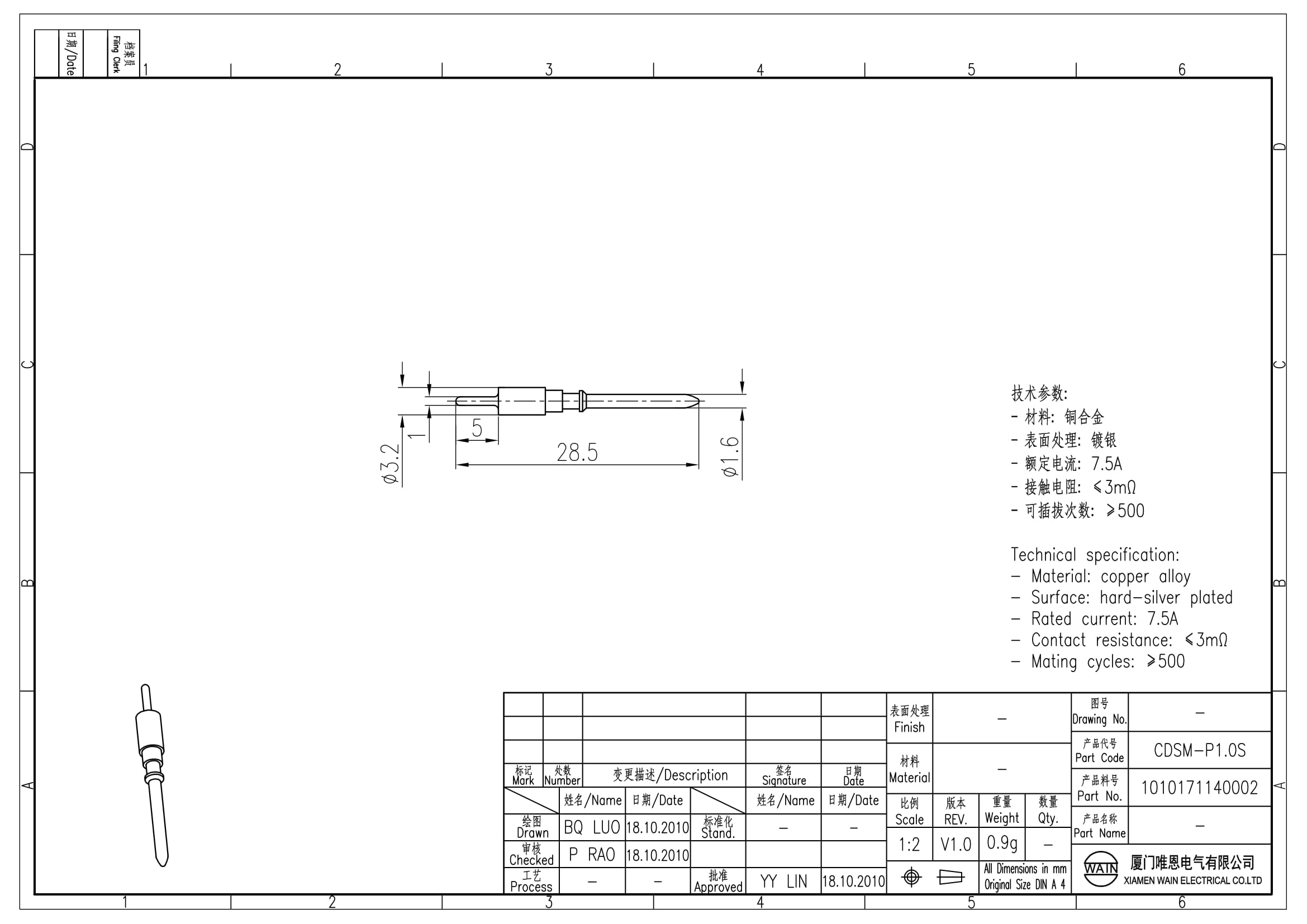 Контакт-штырь CDSM-P1.0S 1010171140002: Описание