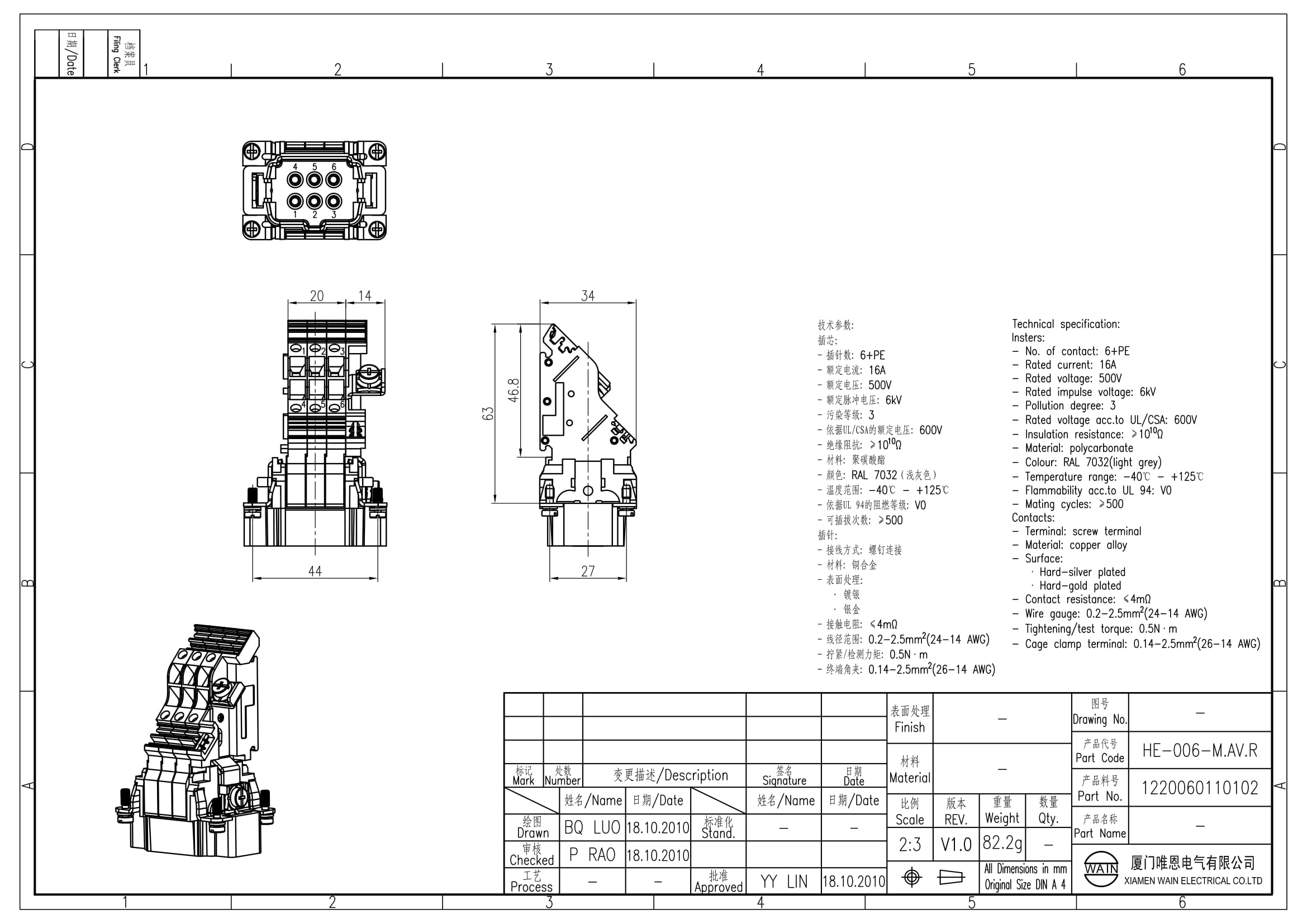 Вставка-вилка HE-006-M.AV.R 1220060110102: Описание