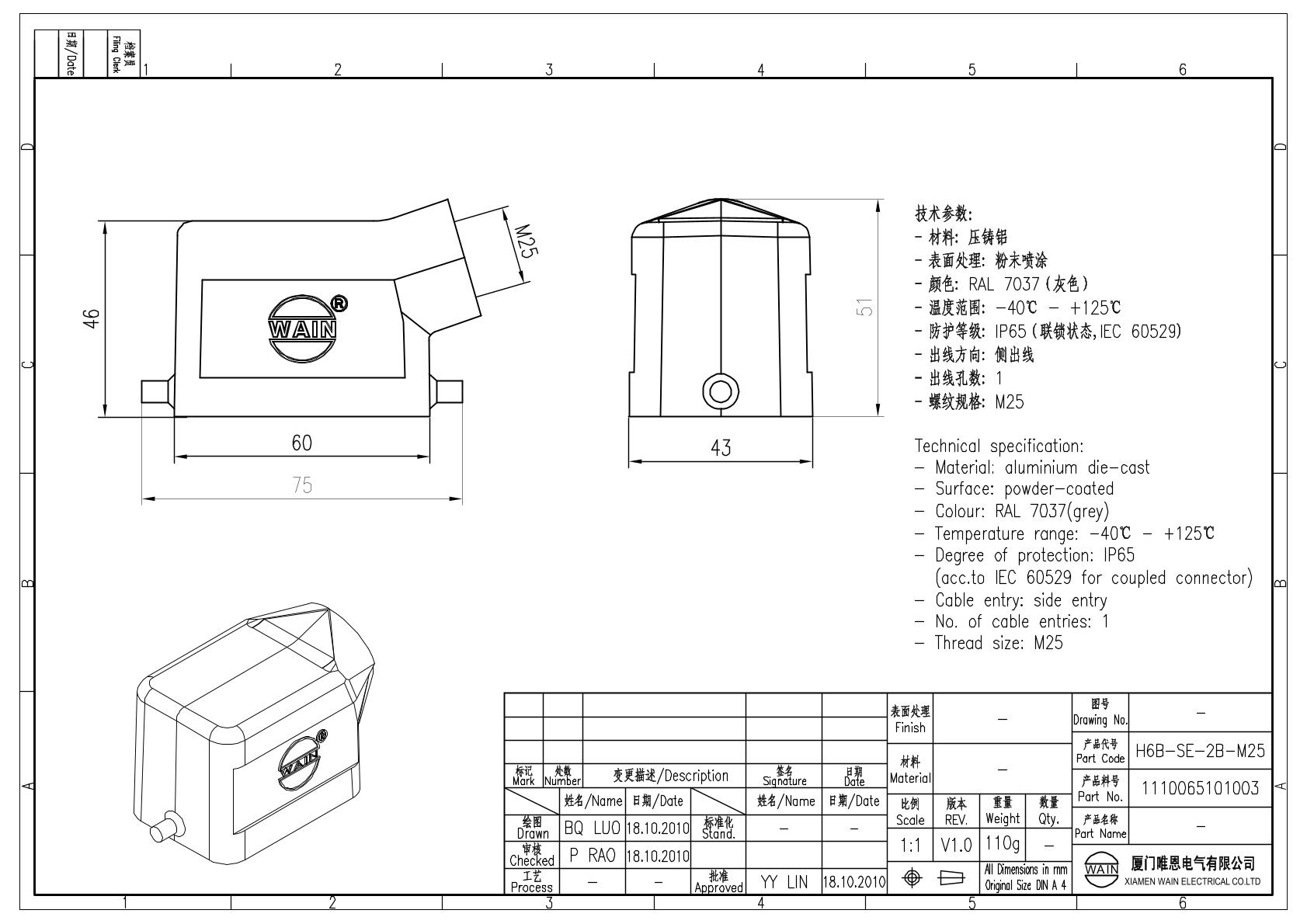 Корпус соединителя - кабельная часть H6B-SE-2B-M25 1110065101003: Описание