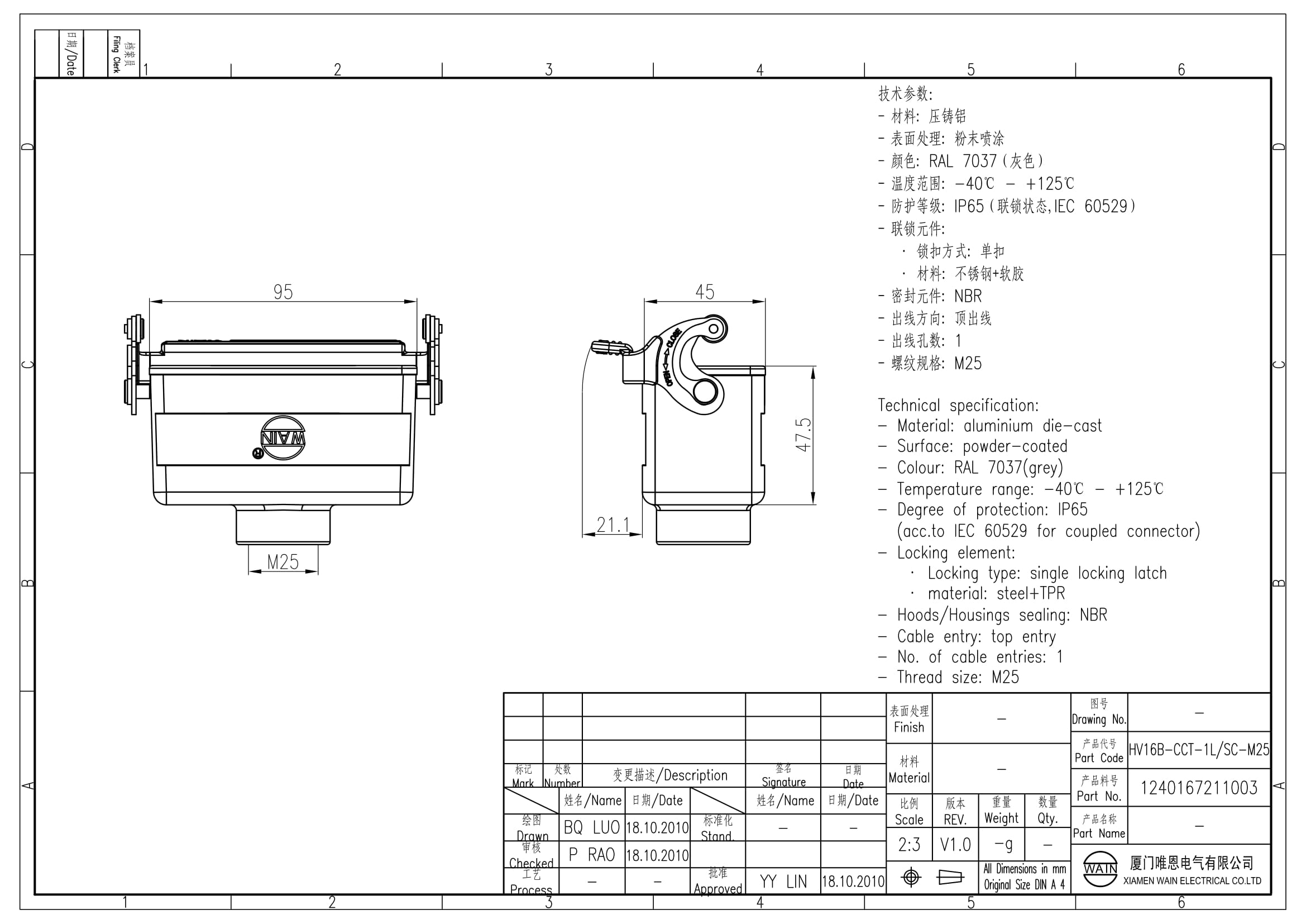 Корпус соединителя - кабель-кабель HV16B-CCT-1L/SC-M25 1240167211003: Описание