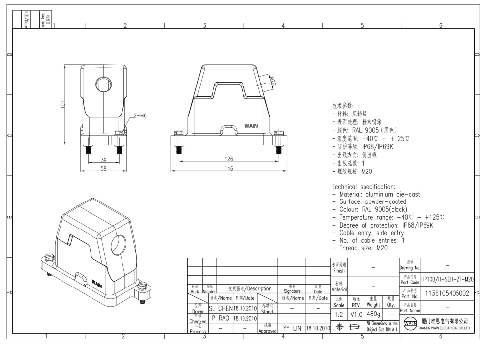 Корпус соединителя - кабельная часть HP10B/H-SEH-2T-M20 1136105405002 - фото 2