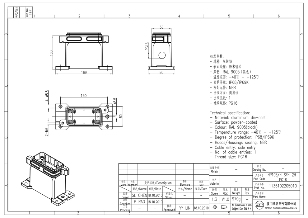 Корпус соединителя - блочная часть HP10B/H-SFH-2H-PG16 1136102205010 - фото 2