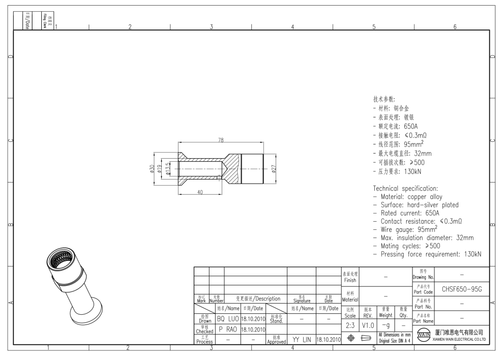 Контакт-гнездо CHSF650-95G 1010301202002 - фото 2