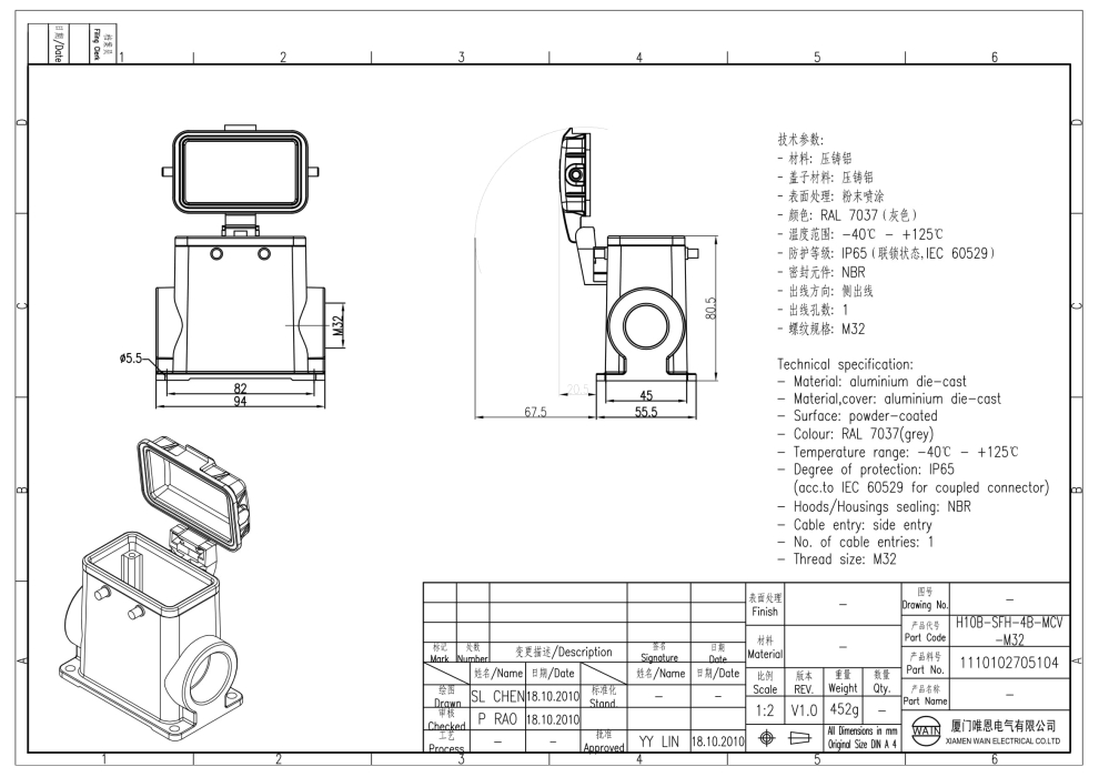 Корпус соединителя - блочная часть H10B-SFH-4B-MCV-M32 1110102705104 - фото 2