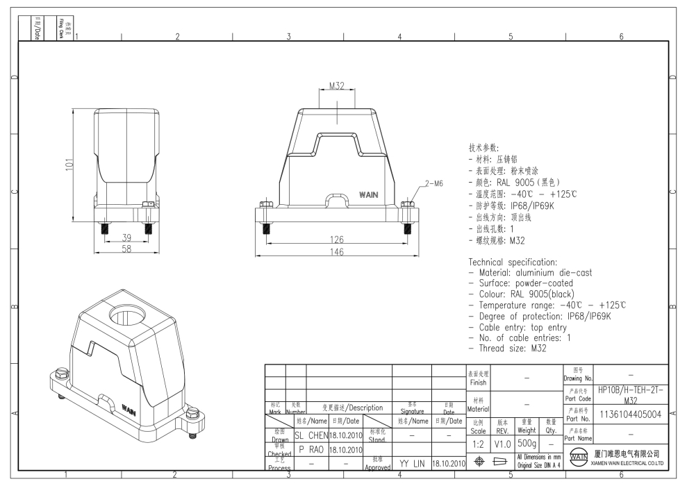 Корпус соединителя - кабельная часть HP10B/H-SEH-2S-M32 1136105205004 - фото 2
