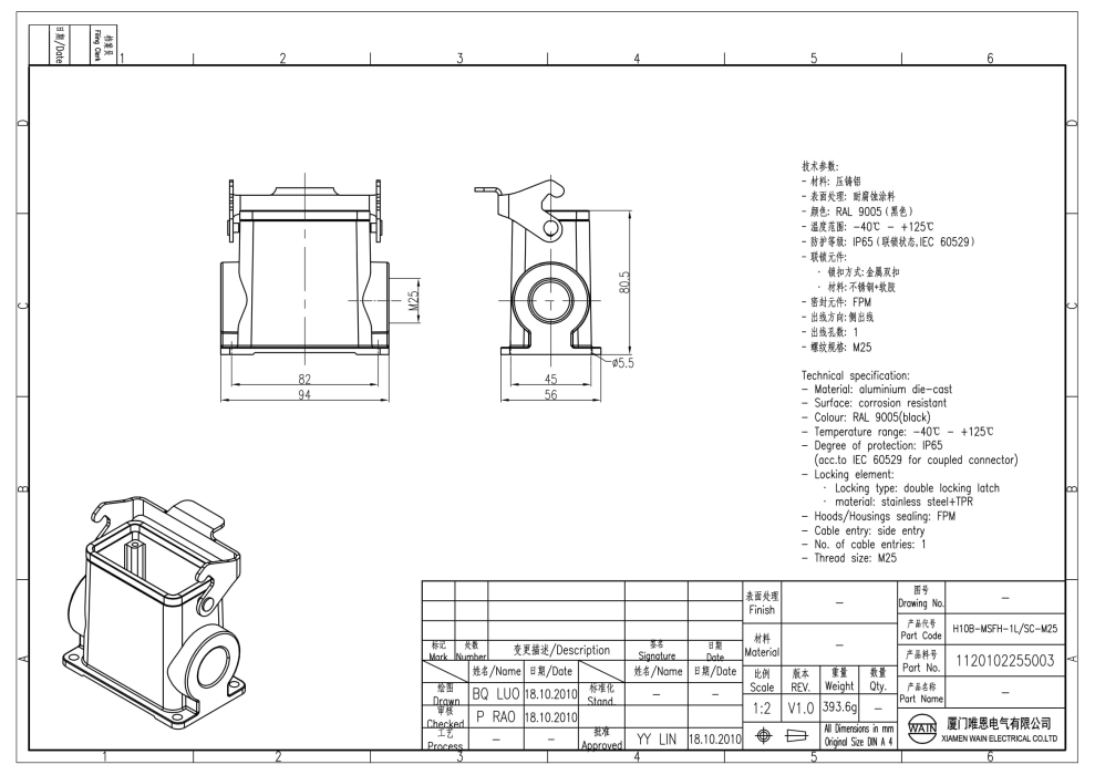 Корпус соединителя - блочная часть H10B-MSFH-1L/S-M25 1120102255003 - фото 2