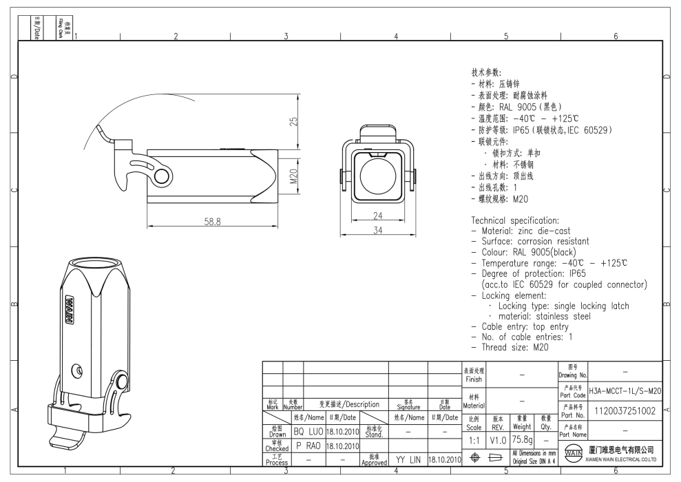 Корпус соединителя - кабель-кабель H3A-MCCT-1L/S-M20 1120037251002 - фото 2