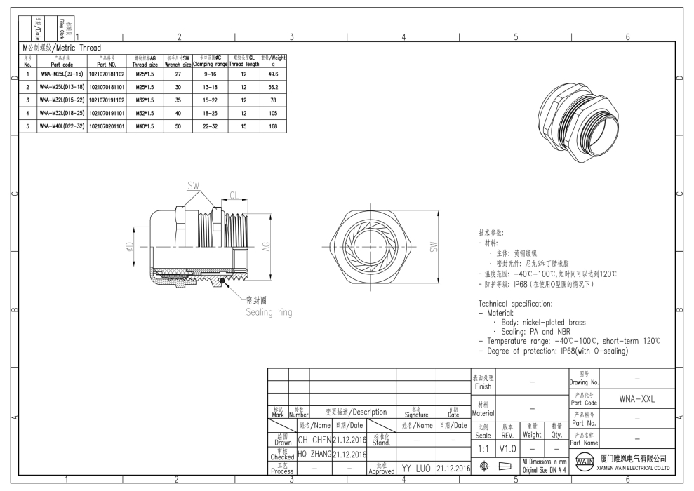 Кабельный сальник WNA-M25L(D9-16) 1021070181102 - фото 2