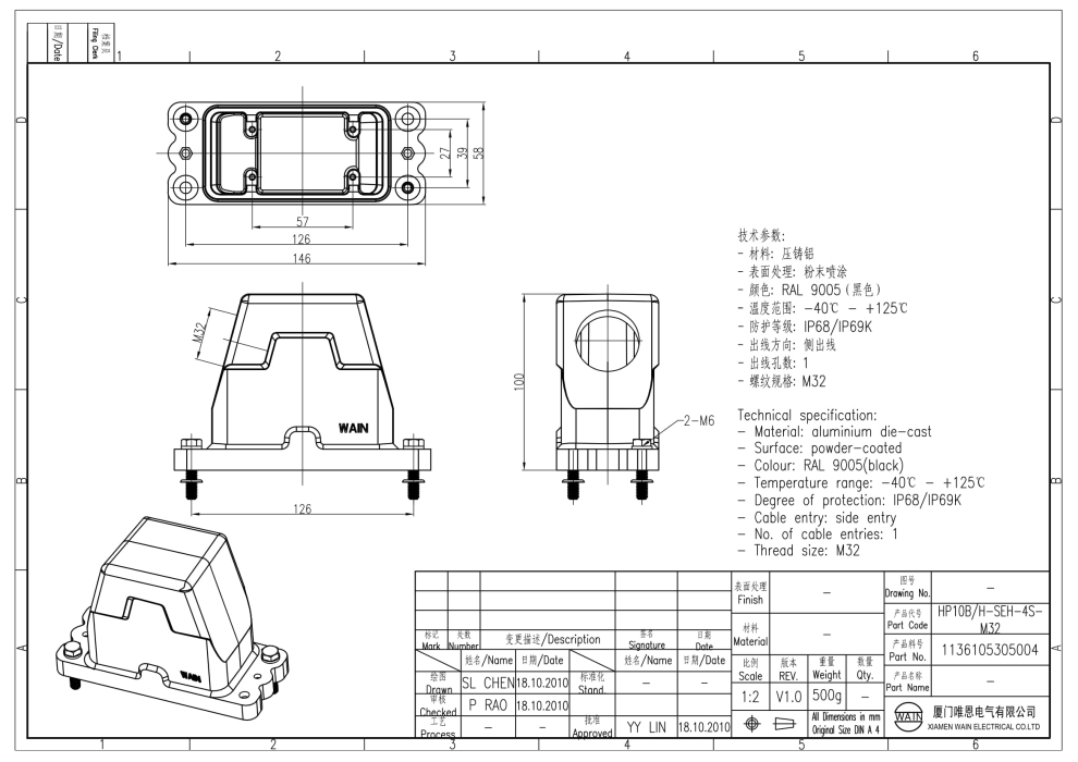 Корпус соединителя - кабельная часть HP10B/H-SEH-4S-M32 1136105305004 - фото 2