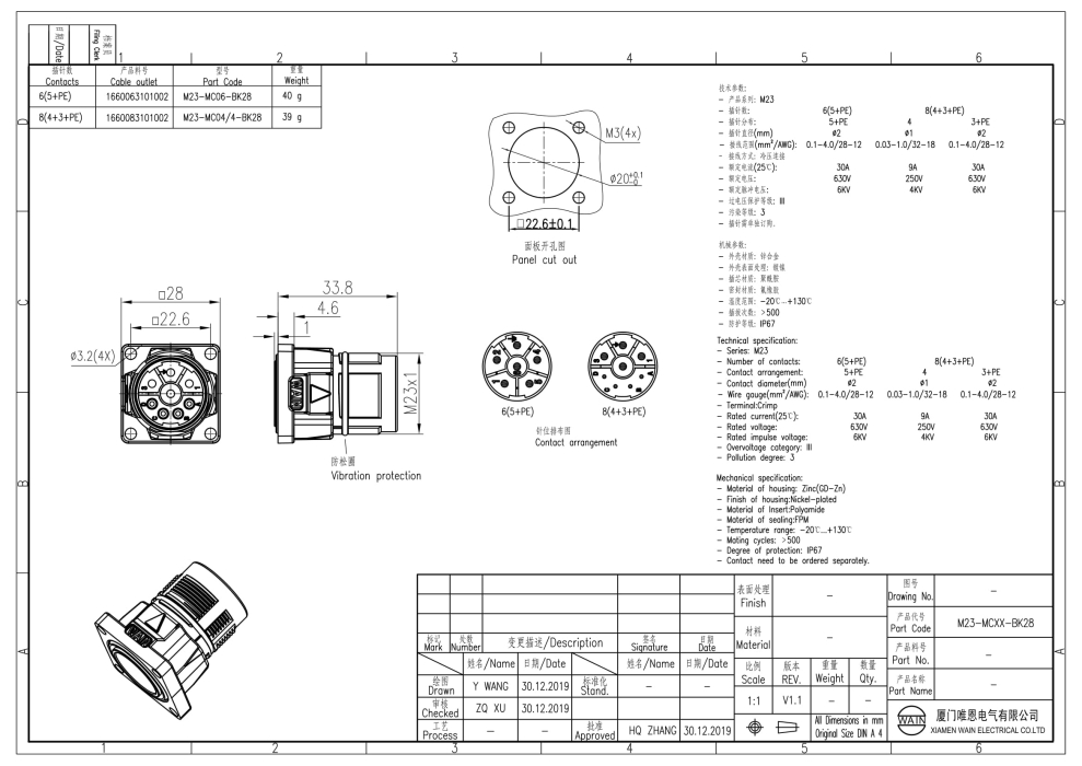 Цилиндрический соединитель-вилка M23-MC04/4-BK28 1660083101002 - фото 2
