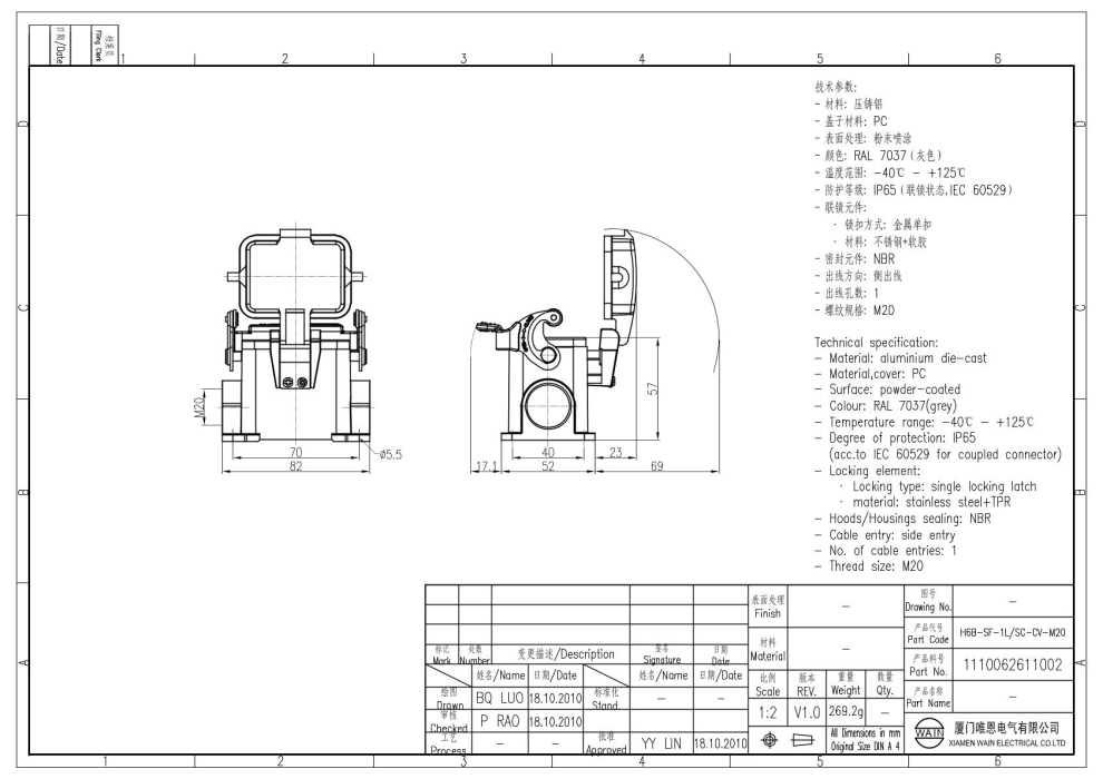 Корпус соединителя - блочная часть H6B-SF-1L/SC-CV-M20 1110062611002 - фото 2