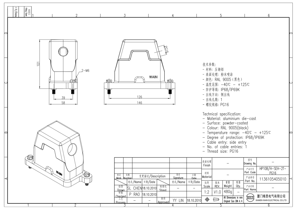 Корпус соединителя - кабельная часть HP10B/H-SEH-2T-PG16 1136105405010 - фото 2