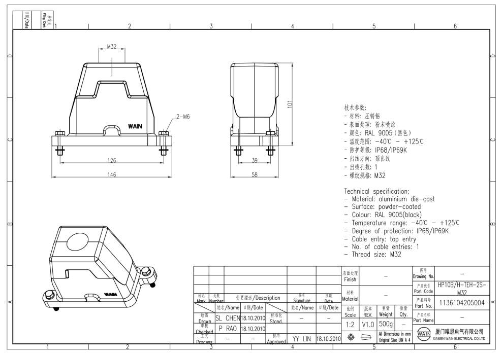 Корпус соединителя - кабельная часть HP10B/H-TEH-2S-M32 1136104205004 - фото 2