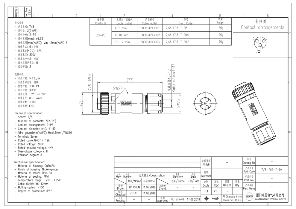 Цилиндрический соединитель-розетка 7/8-F03-T-D10  1680034213002 - фото 3