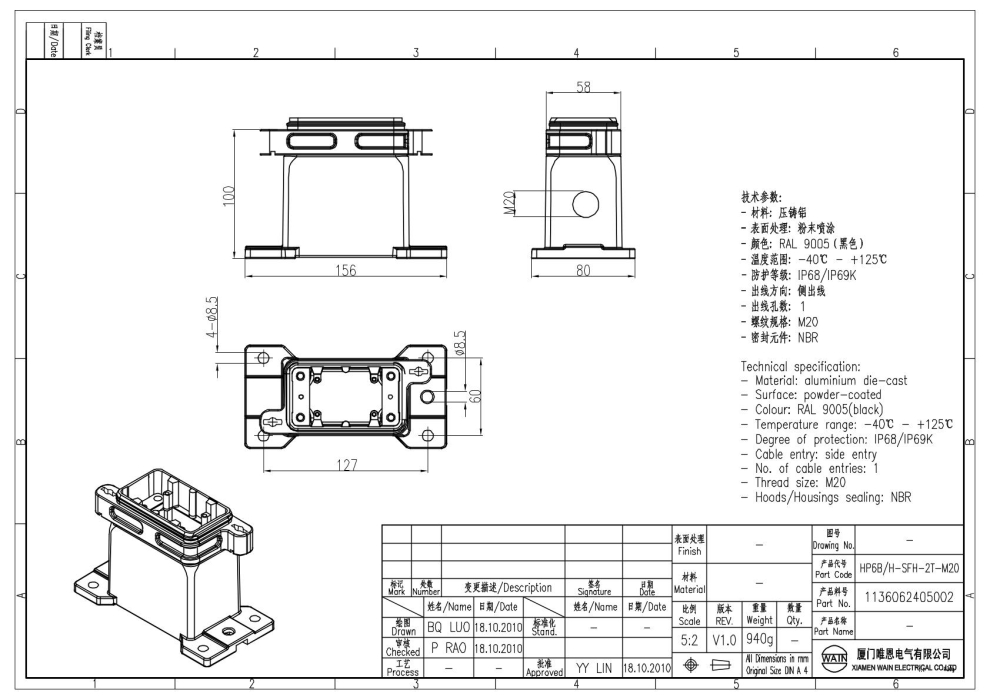 Корпус соединителя - блочная часть HP6B/H-SFH-2T-M20 1136062405002 - фото 2